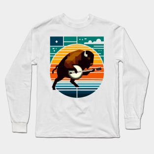 Banjo Bison Sunset Mid-Century Modern Long Sleeve T-Shirt